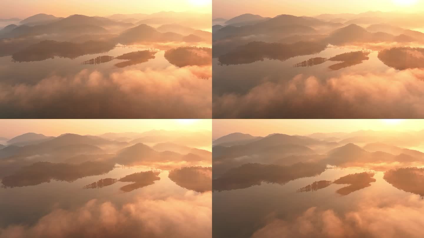 【4K正版】航拍日出朝阳湖面森林晨雾05