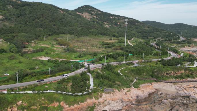 4K高清航拍青岛黄岛涵碧楼跑山岛