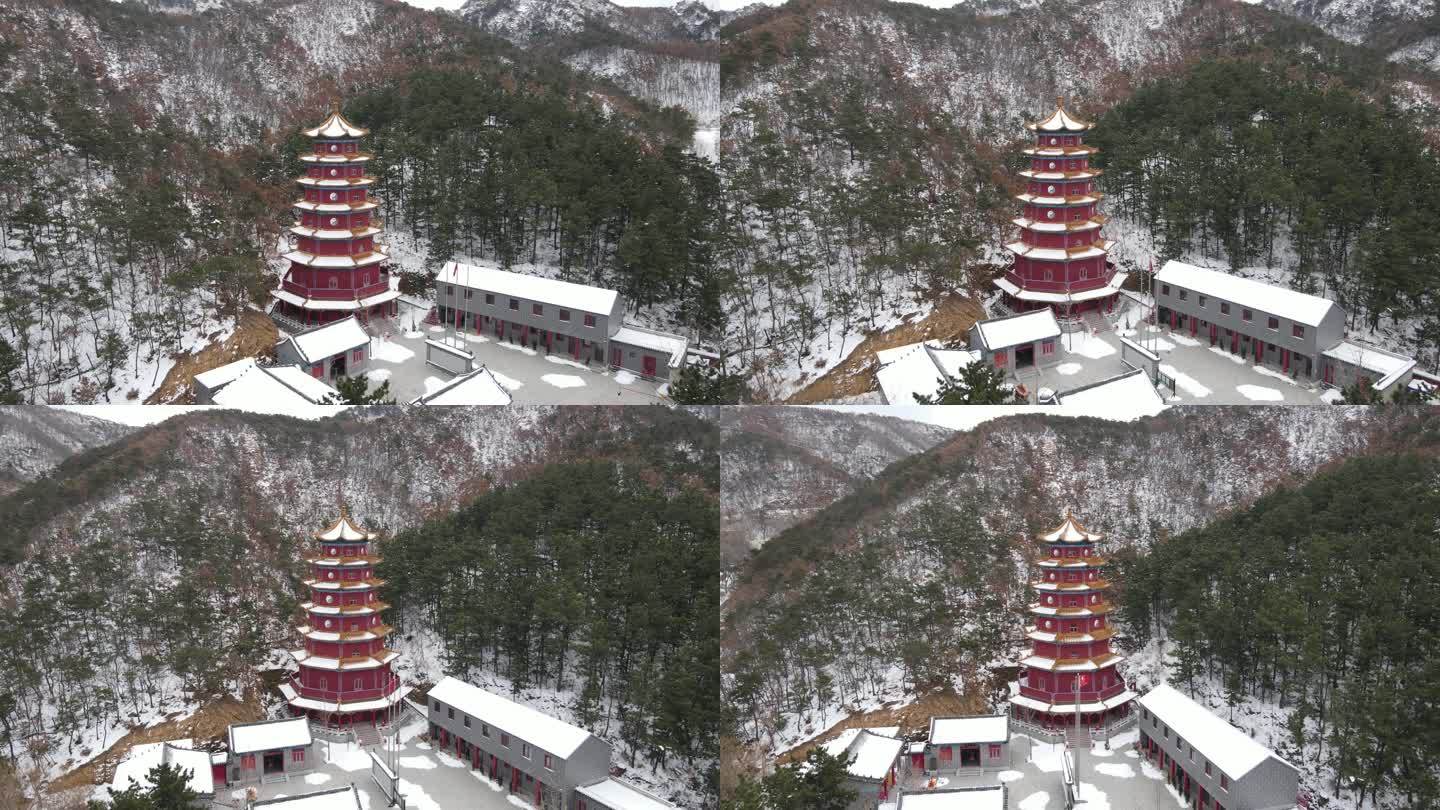 航拍雪后的威海孙家疃八卦太极塔