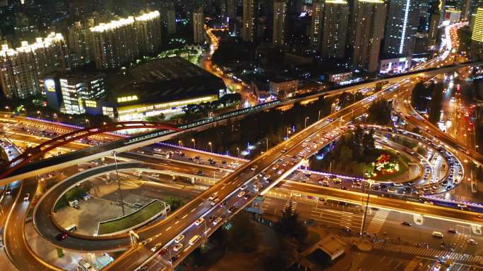 4K 夜景上海徐汇内环漕溪北路立交航拍