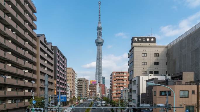 日本东京Skytree城市景观和交通道路的时间流逝
