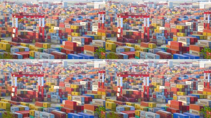 4K上海洋山深水港码头装卸货 特写视频