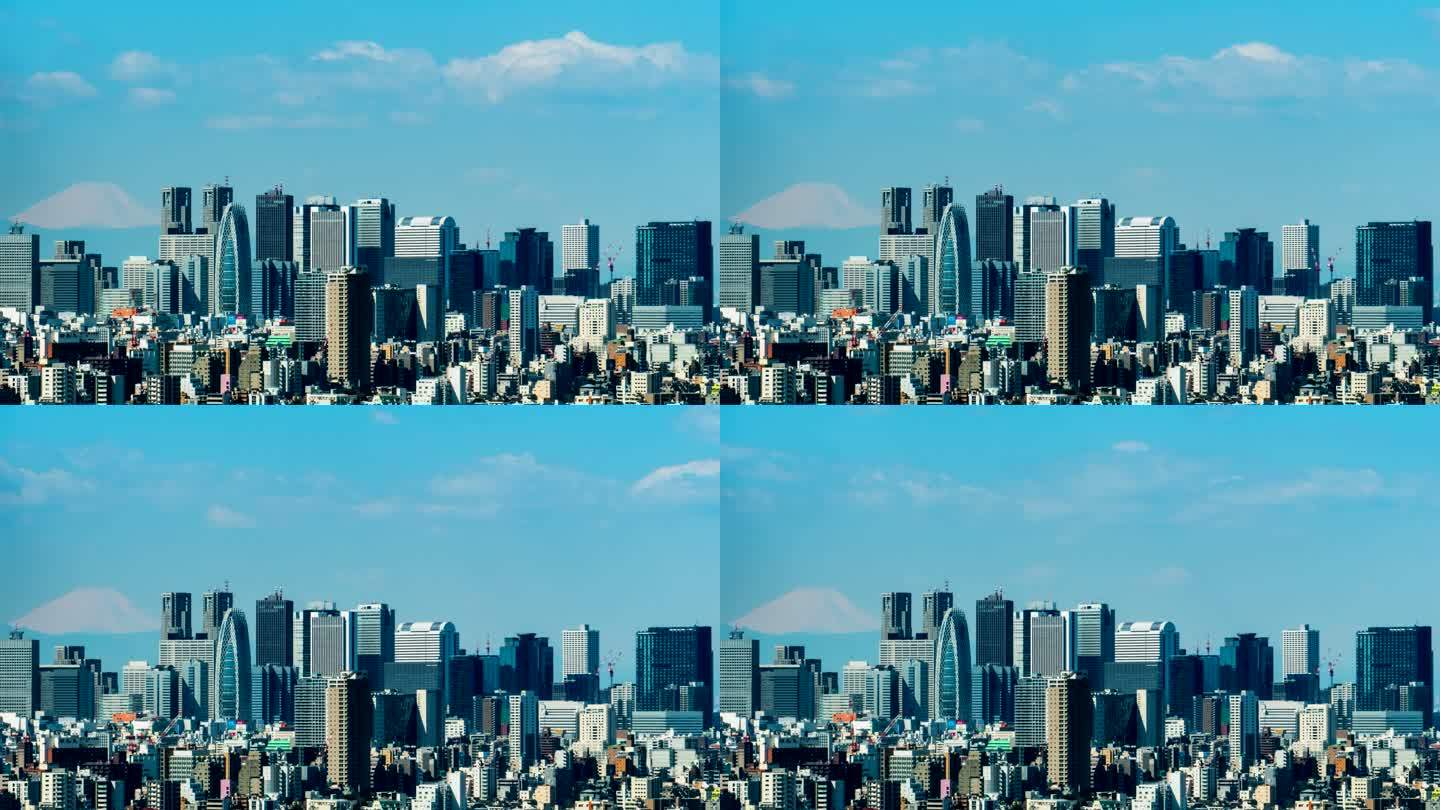 4k延时：富士山鸟瞰新宿区东京城市景观
