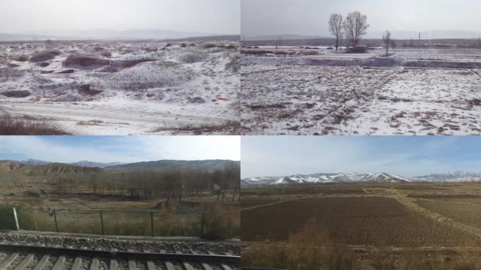 火车窗外的雪景冬天原野连绵山脉远山雪峰