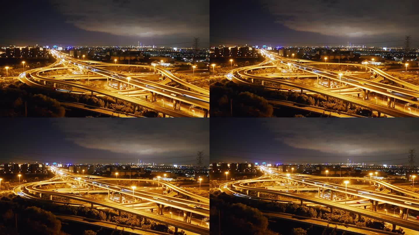 4K 夜景上海浦东外环华夏西路立交桥航拍