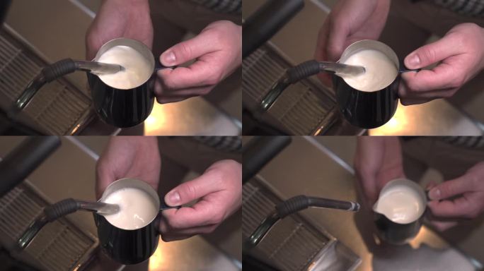咖啡师为顾客制作热牛奶咖啡