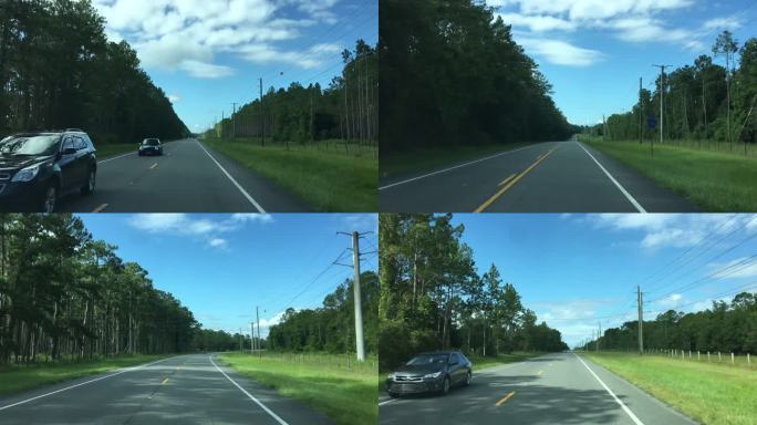 在佛罗里达州的Keystone Heights附近，一路上长满了松树和森林，夏季驾车行驶在平坦的道路
