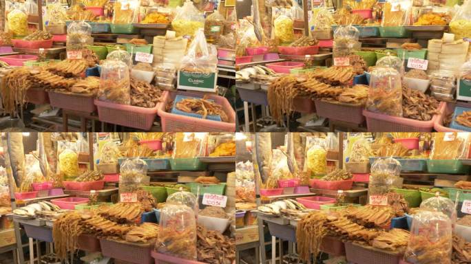 泰国华欣夜市上架的许多干海鲜。