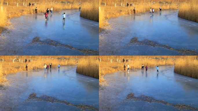 冬季公园游人在冰面上玩耍打闹实拍素材02