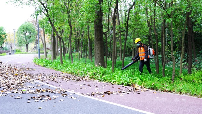 园林工人背吹树叶机清理道路