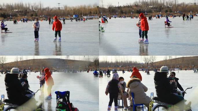 冬季结冰湖面两个小女孩在冰上滑冰滑过