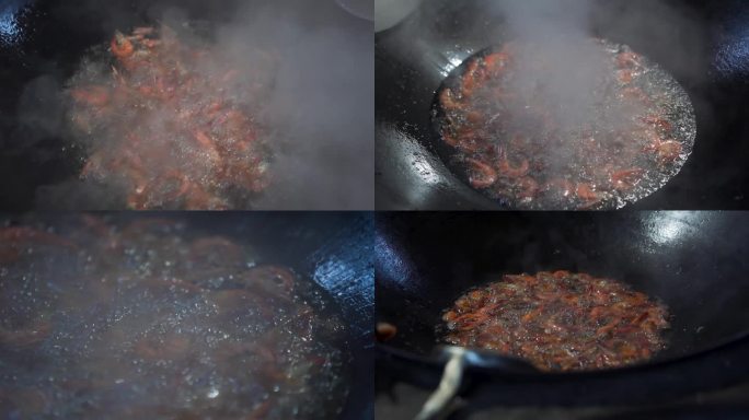 煮虾炸虾把虾下油锅过程