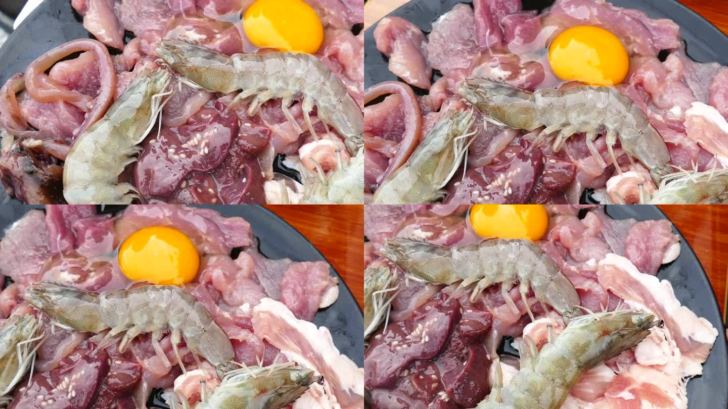 新鲜生猪肉配鸡蛋、鱿鱼、虾