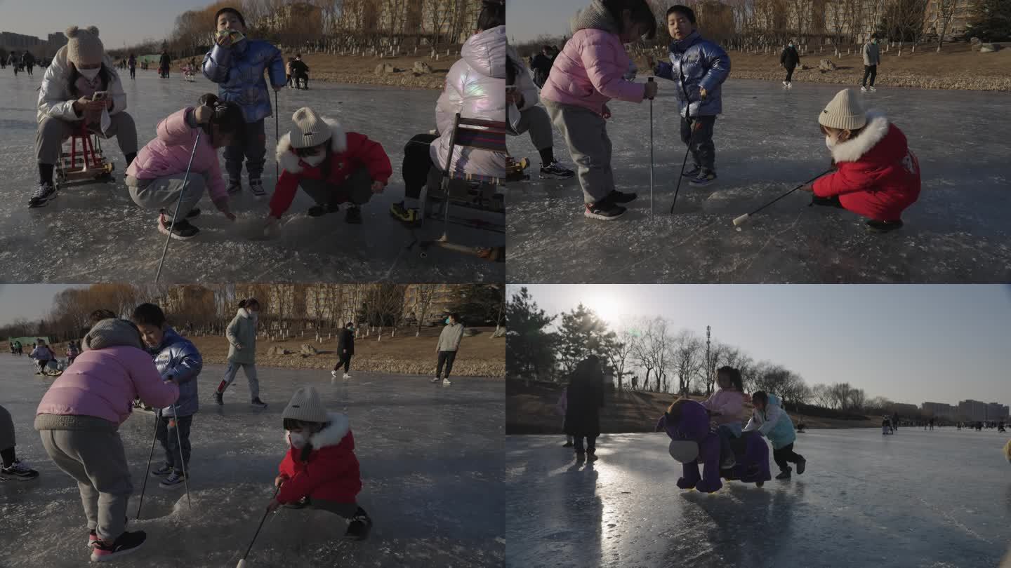 冬季滑冰车孩子们追逐游戏素材合集