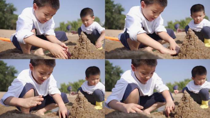 小男孩在河边的沙滩上挖沙子堆城堡