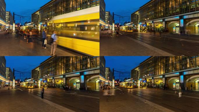 柏林亚历山大广场德国延时锁定镜头显示有轨电车停止