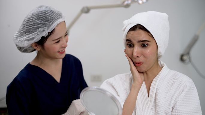 在美容诊所接受微针嫩肤治疗的年轻女性。