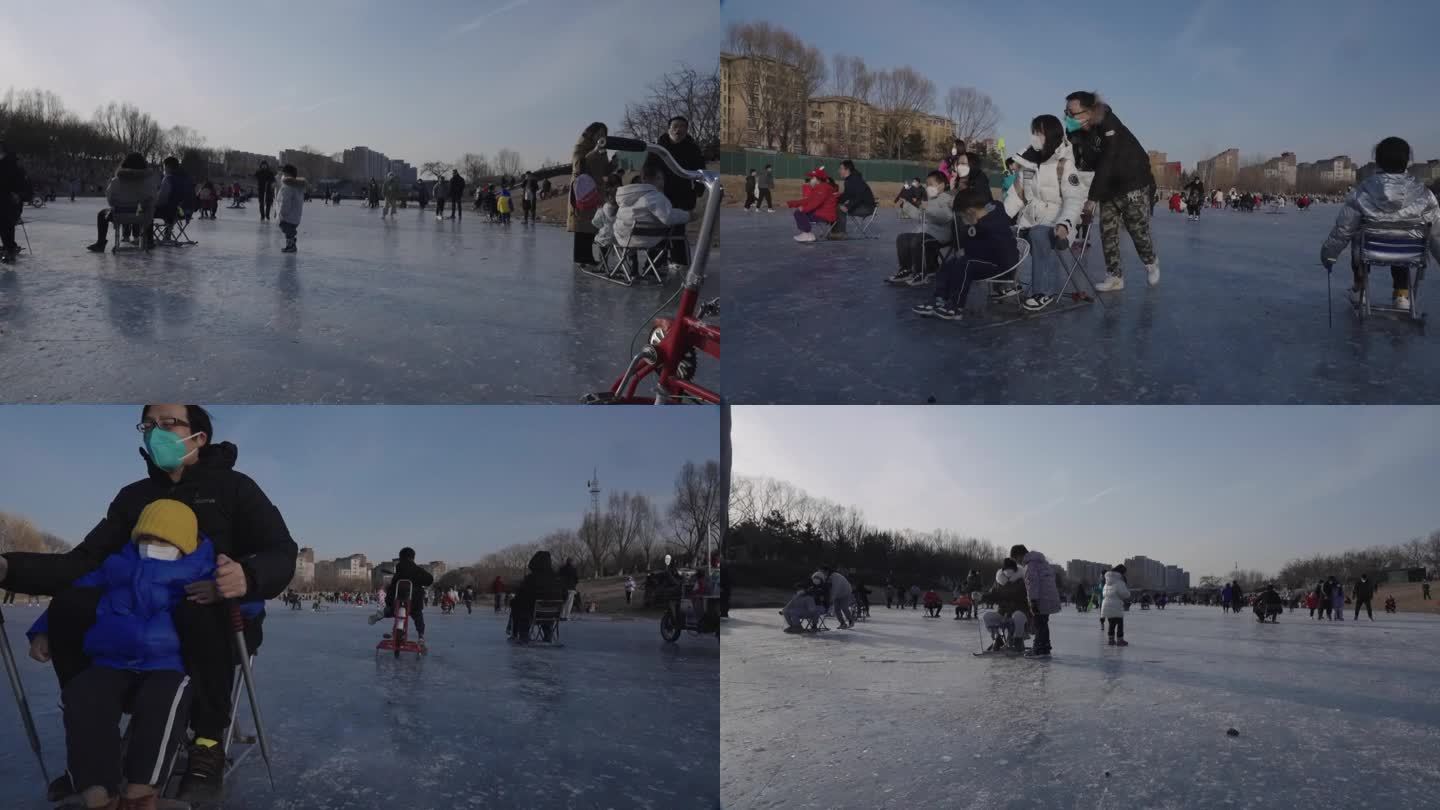 冰面上玩耍娱乐的孩子们 降格拍摄