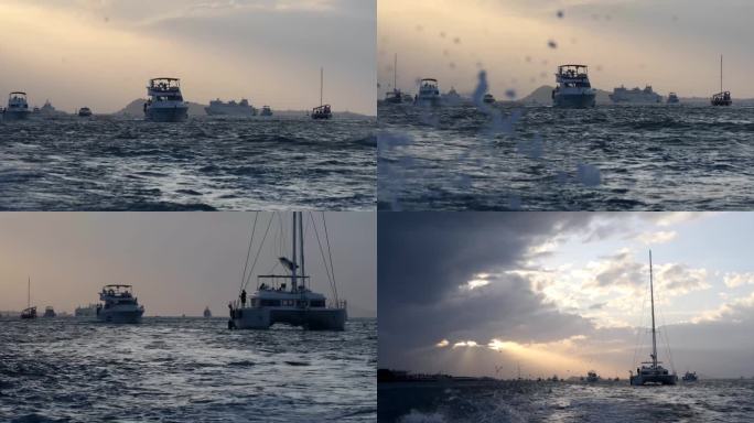 清晨海面，海上游艇，捕鱼，出海