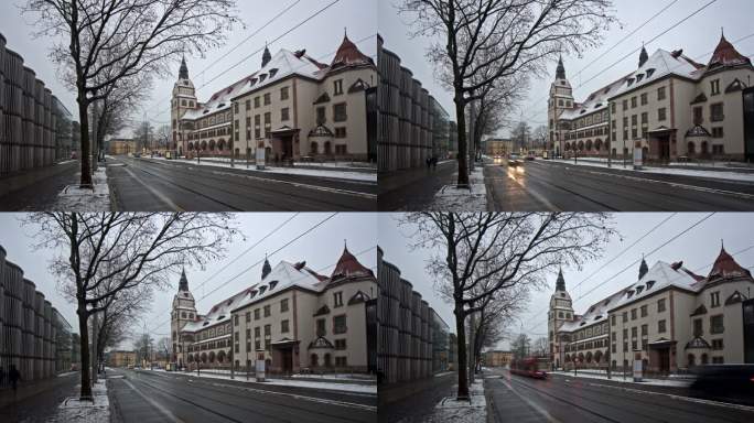 德国莱比锡历史中心延时历史区的雪