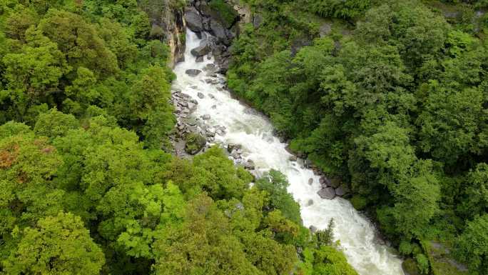 航拍西藏原始森林 溪流 峭壁 峡谷