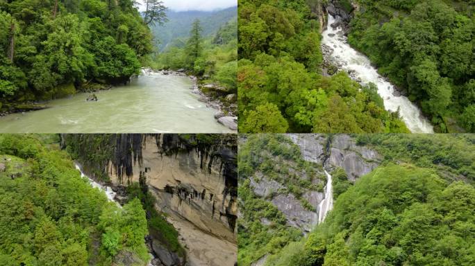 航拍西藏原始森林 溪流 峭壁 峡谷