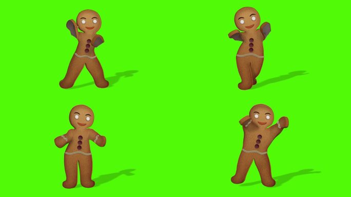 姜饼人正在跳圣诞舞。庆祝活动的概念。绿色屏幕前的动画