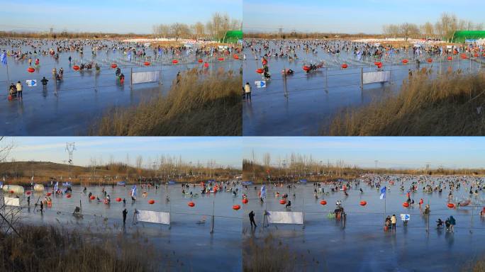 冬季公园游客在结冰湖上玩冰车全景素材01