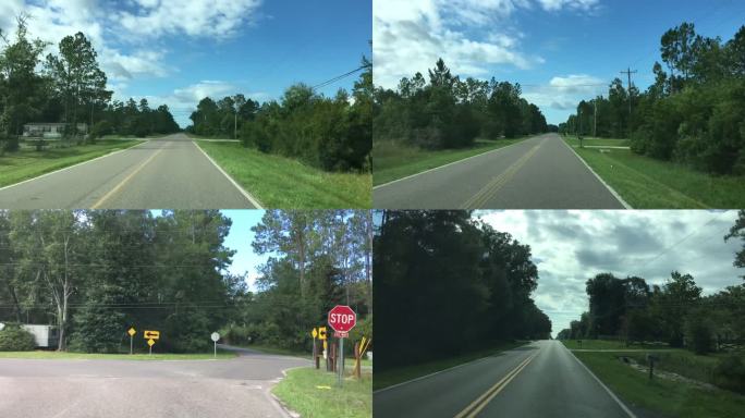 夏季驾车行驶在佛罗里达州米德尔堡附近森林密布的偏僻道路上，那里有松树和森林
