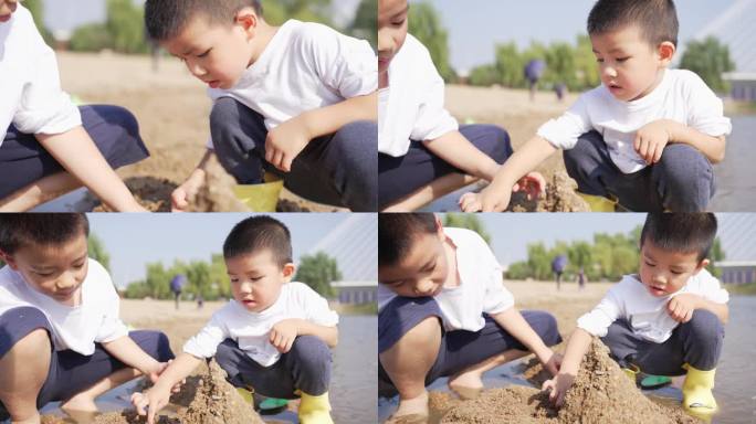 小男孩在河边的沙滩上挖沙子堆城堡