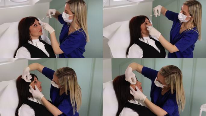 成熟女性到诊所进行脸颊面积缩小，美容师则使用肉毒杆菌使顾客皮肤恢复活力
