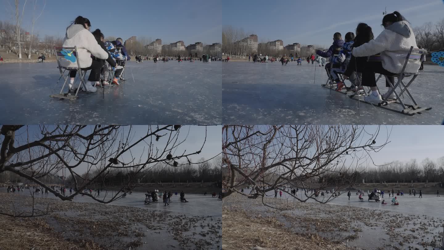 冰面上滑冰车的孩子们合集