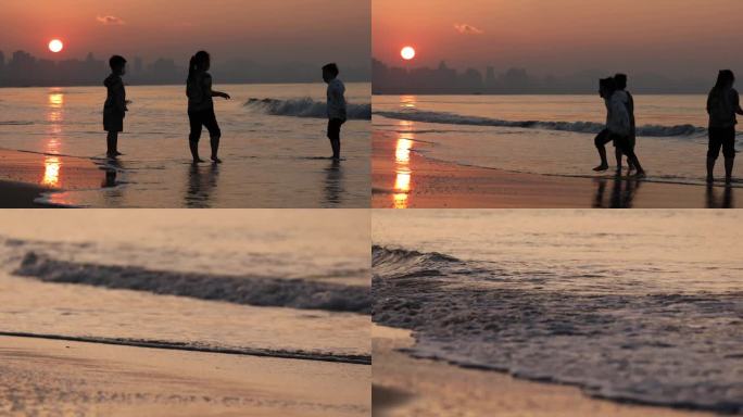 海边日出，沙滩奔跑，孩子玩耍，剪影