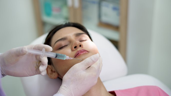 在美容诊所，女医生美容师在病人脸上打针。