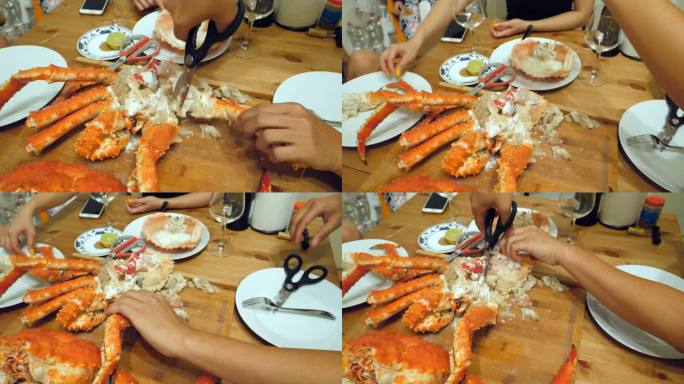 剥螃蟹皮和切螃蟹聚餐美食蟹肉