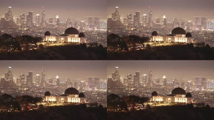 美国洛杉矶格里菲斯天文台时移格里菲斯公园黄昏时分，灯光下降