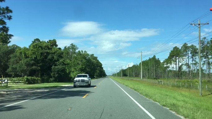 在佛罗里达州基斯通高地（Keystone Heights）附近，夏季驾车经过一条长满森林的笔直道路，