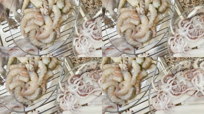 新鲜的生菖蒲和虾准备烹饪，4K视频