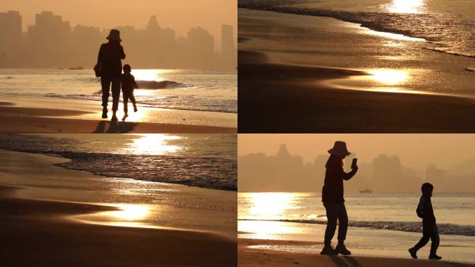 母爱，海边拍照，母亲和孩子，美好人生