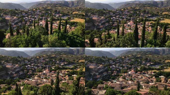 土耳其锡伦山区小镇锡伦古村的鸟瞰图，村庄中的历史房屋，历史房屋之间的无人机视图，背景视频，