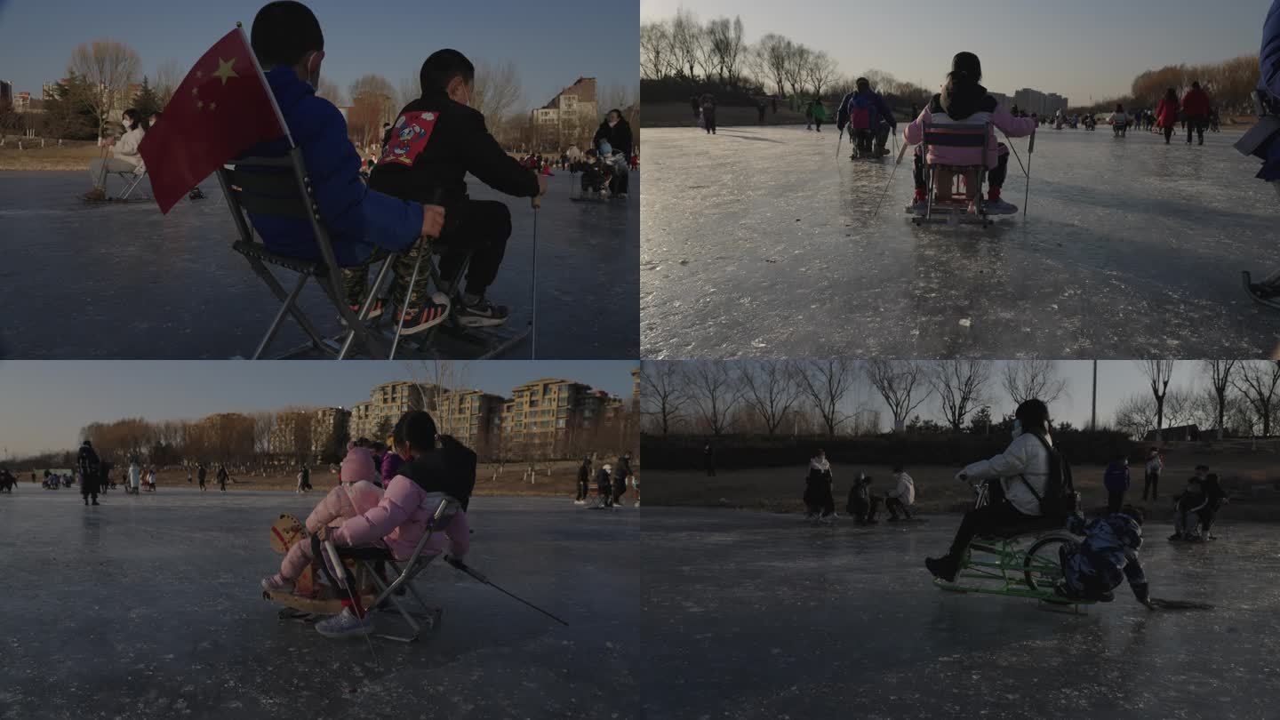 冰上娱乐的孩子们滑冰车合集