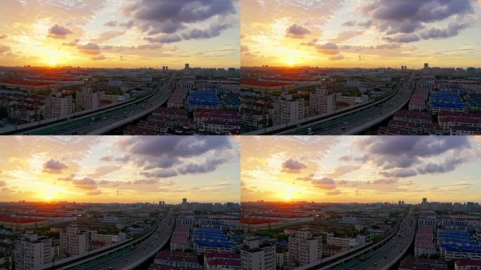 K 上海壮观夕阳下的吴淞城市高架航拍视频