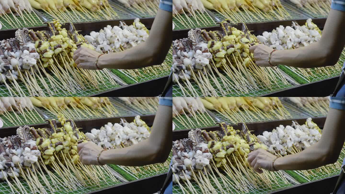 泰国街头美食烧烤串串视频素材美味下酒菜夜