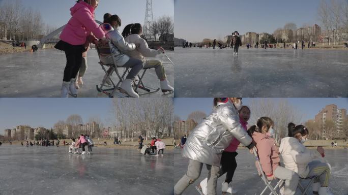 孩子们开心快乐滑冰车慢动作拍摄合集