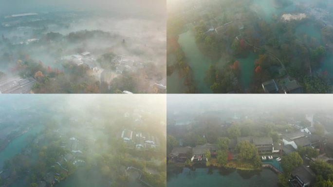 杭州西溪湿地初冬晨雾云雾缭绕（稀缺空镜）