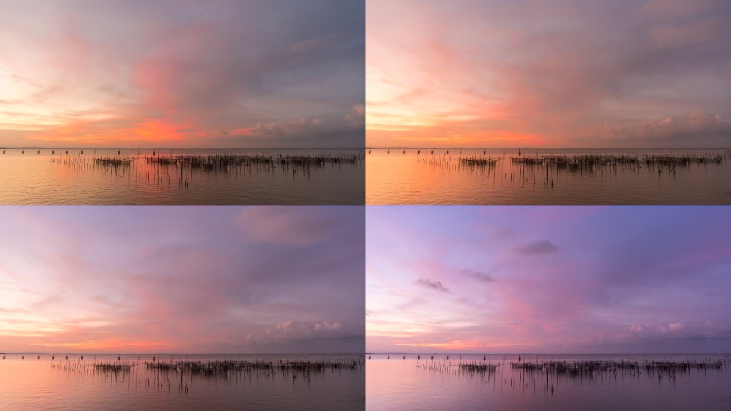 泰国宋赫拉省宋赫拉湖渔场和移动天空的延时日落场景