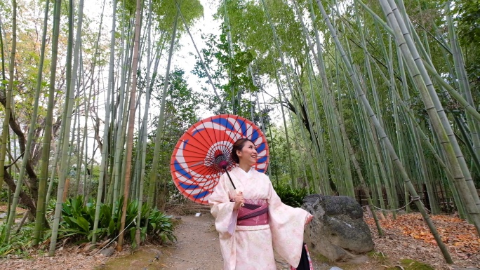 4K鹤拍：日本京都荒山和佐野竹林中，一位身着传统和服的亚洲女性与日本人力车合影，欢迎您来到日本