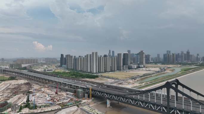 杭州钱塘江彭埠大桥高铁线路航拍4k