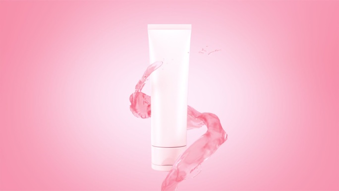 在带有alpha频道的粉色背景上，用美容化妆品制作粉色水流的三维动画