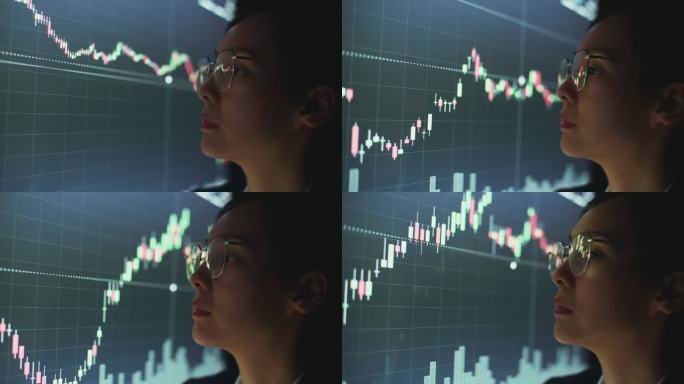 女商人在大屏幕上查看股票分析数据